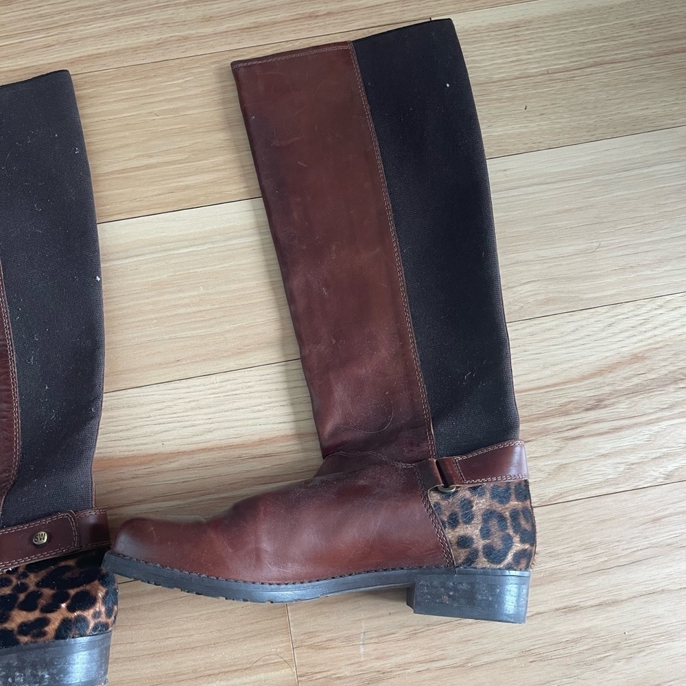 Stuart Weitzman Leather and Leopard Heal Knee High Boots Brown - Picture 2 of 9
